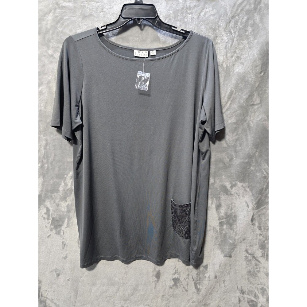 NWOT Joan Rivers Blouse Shirt Womens 1x Gray Sequin Pocket Stretch